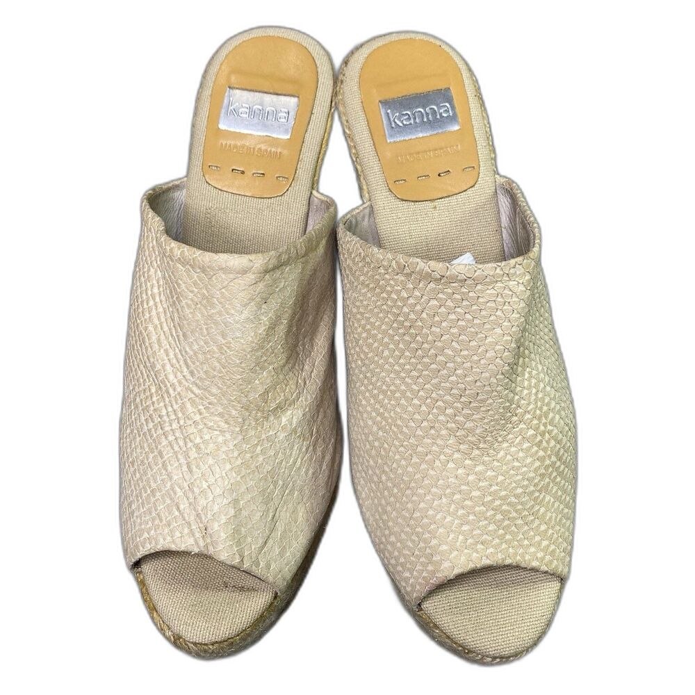 Kanna Suede Espadrille Wedge Platform Mules Snake Embossed Womens 40 9.5 Beige